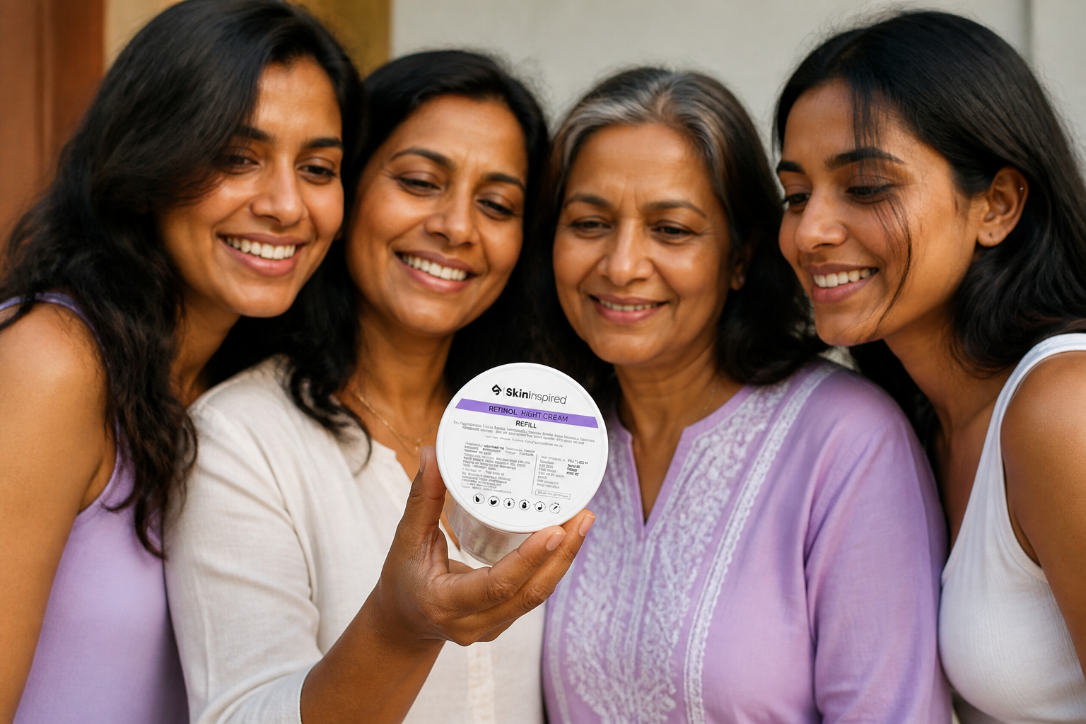 Group of four diverse women of different ages and Indian skin tones smiling together in soft natural light holding the SKININSPIRED retinol night cream jar
