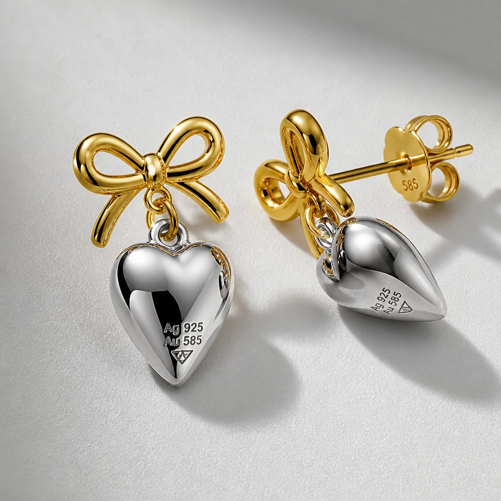 Macro shot of Love Heart Earrings with quality certification stamps and hallmarks visible, dramatic studio lighting, premium product photography