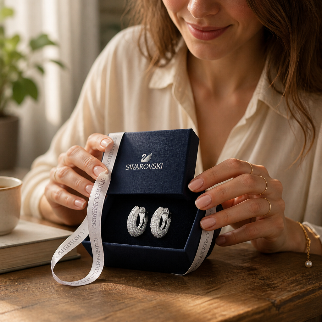 European woman in a cozy home setting unboxing the Dextera hoops from the iconic Swarovski navy box with white ribbon