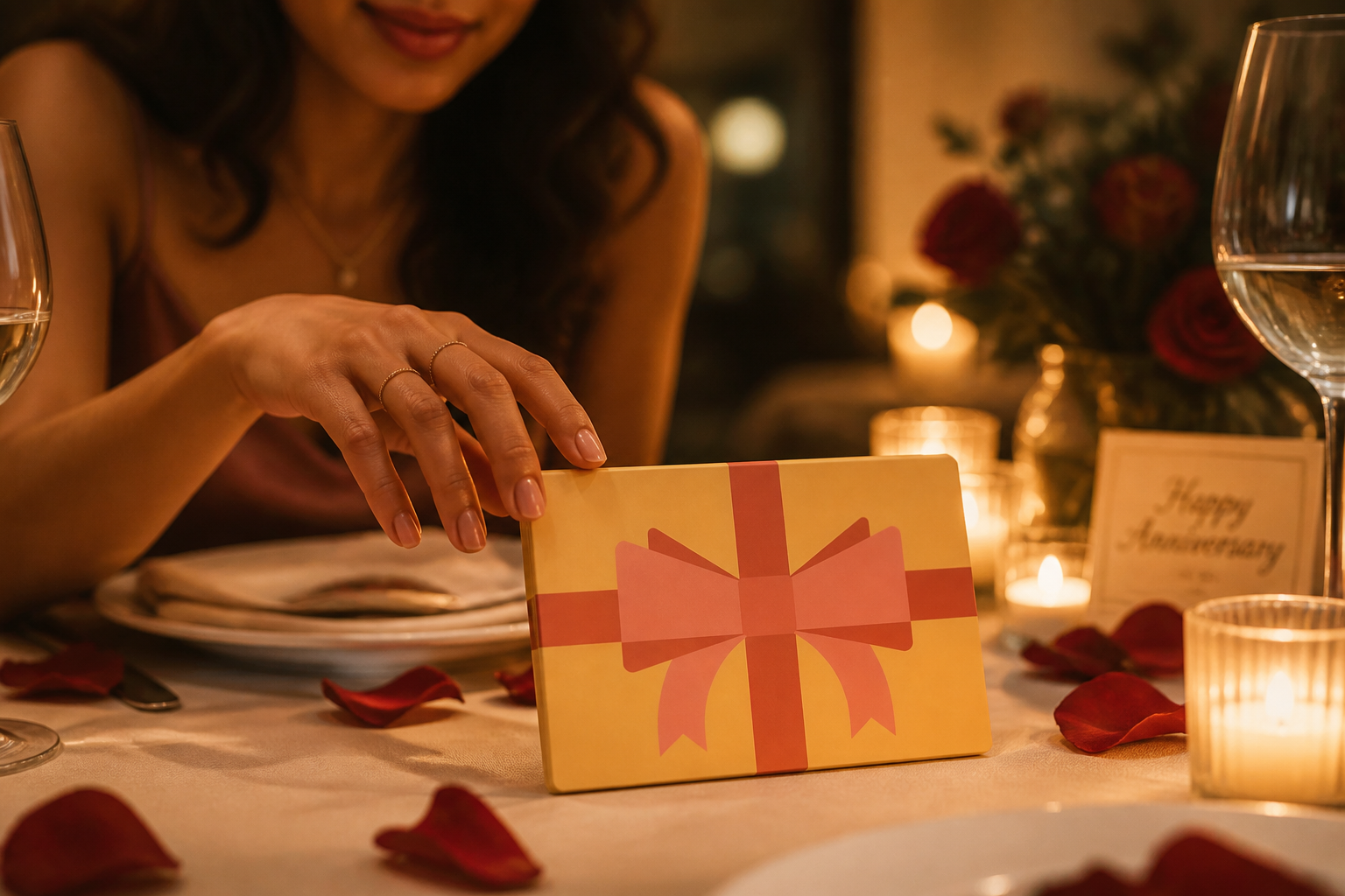 Elegant anniversary dinner setup with candles, wine glasses, and rose petals, romantic soft lighting