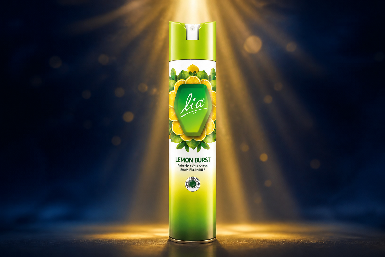Cinematic LIA room freshener bottle centered with dramatic golden light rays radiating outward against deep ink-blue background