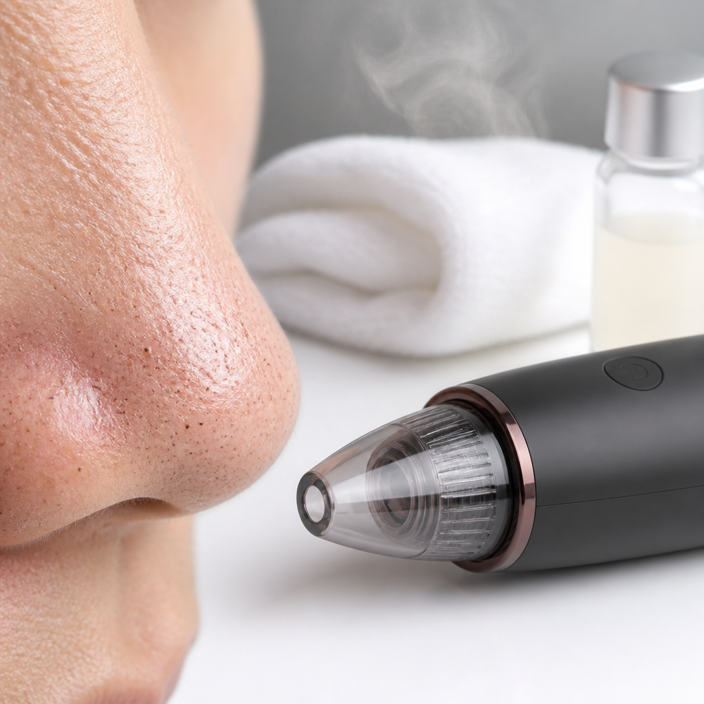 Generic unbranded skin with visible blackheads and enlarged pores on nose area, no logos visible