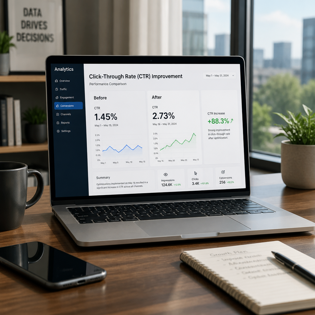 Analytics dashboard showing click-through rate improvements with before and after comparison charts