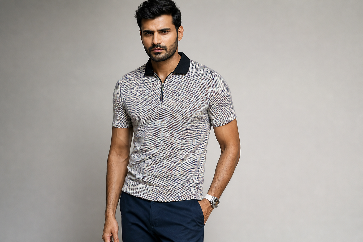Flat-lay product photograph of size XL polo with multicolour geometric pattern, neatly arranged on a warm cream cotton backdrop, soft studio lighting