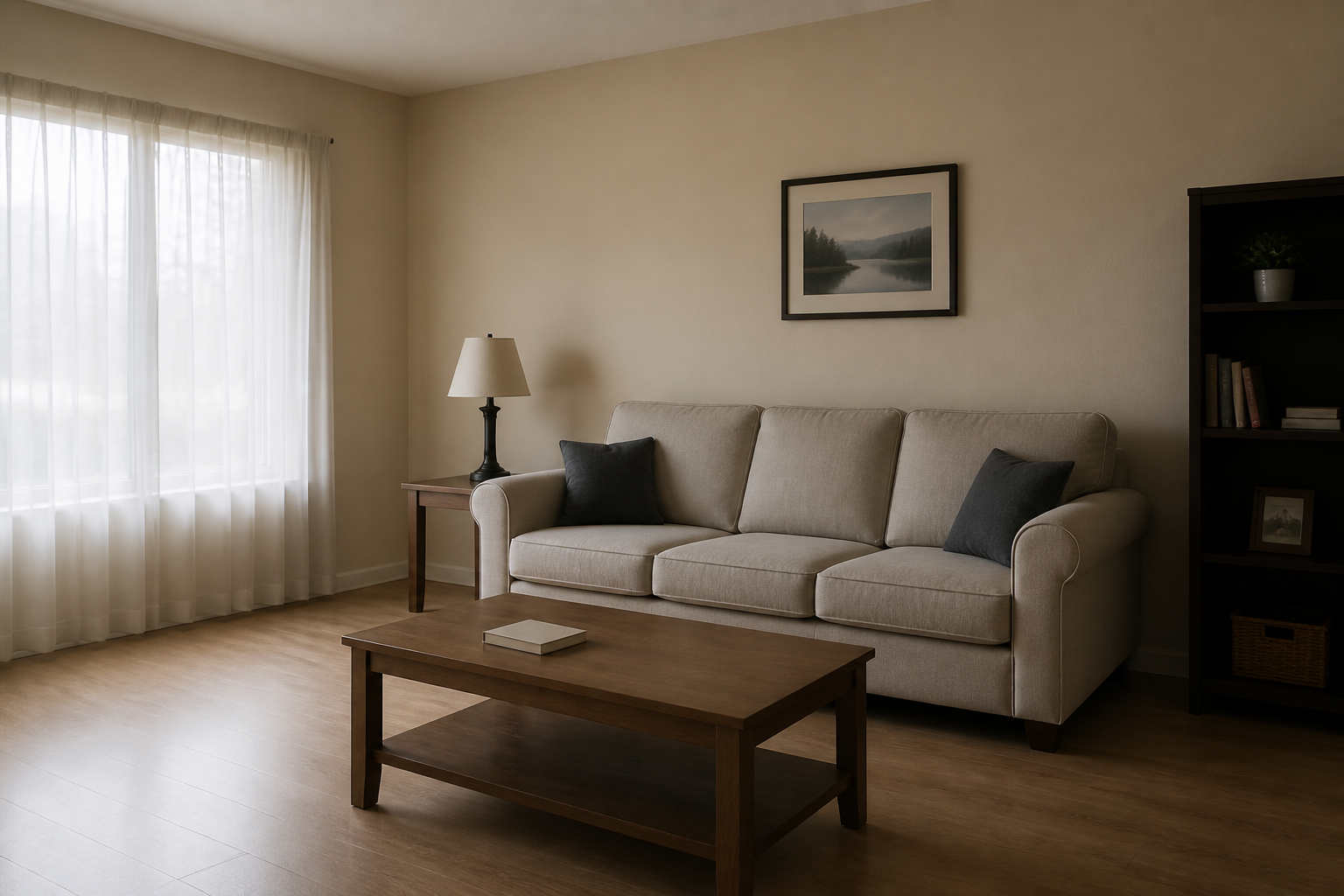 Before: A plain, uninspired living room with beige walls, basic furniture, empty corners, and no personality or visual interest