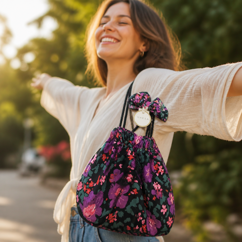 Radiant woman carrying her cinch bag with arms confidently spread wide in front of a sunlit backdrop, pure joy on her face