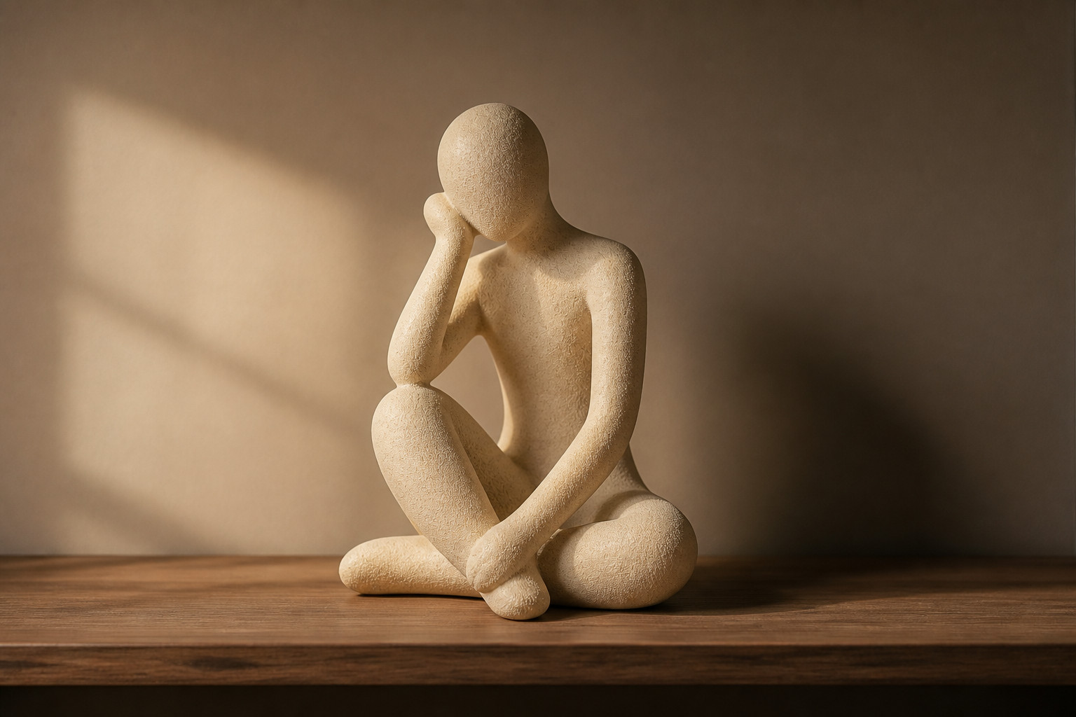 Editorial photograph of the abstract thinker accent resin displayed on a designer shelf with dramatic warm side lighting highlighting sculptural form