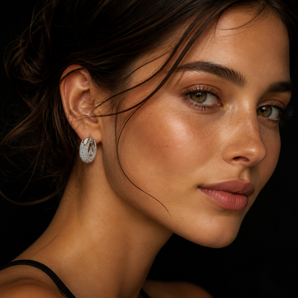 Cinematic close-up portrait of an elegant European woman with soft golden skin wearing sparkling Dextera white crystal pavé hoop earrings against a deep black background