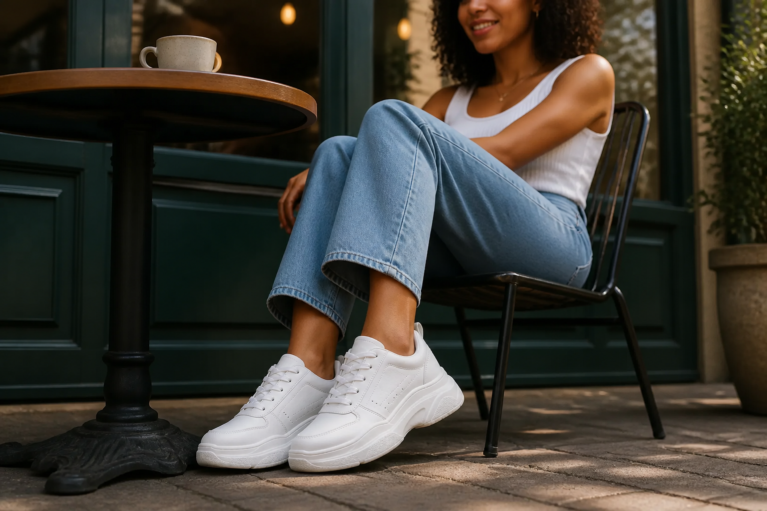 Lifestyle photo of Priya wearing Nike Sneakers 3 with casual jeans at a cafe