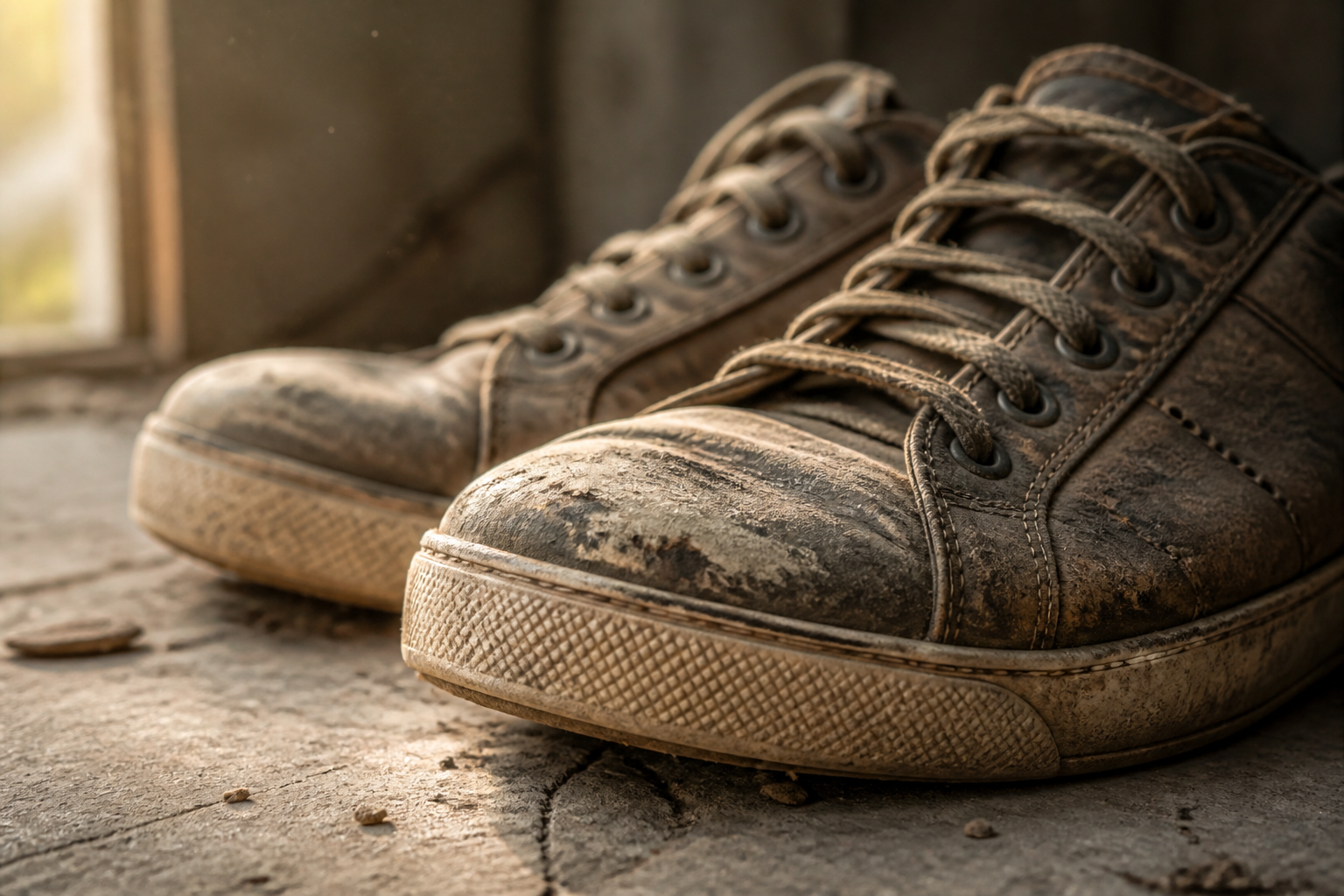 A close-up of an old worn-out unbranded pair of sneakers with scuffed soles and cracked leather sitting on a concrete floor