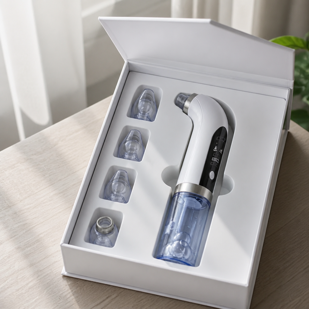 Premium white cardboard storage box with magnetic closure holding the blackhead vacuum kit, opened to reveal neatly organized compartments