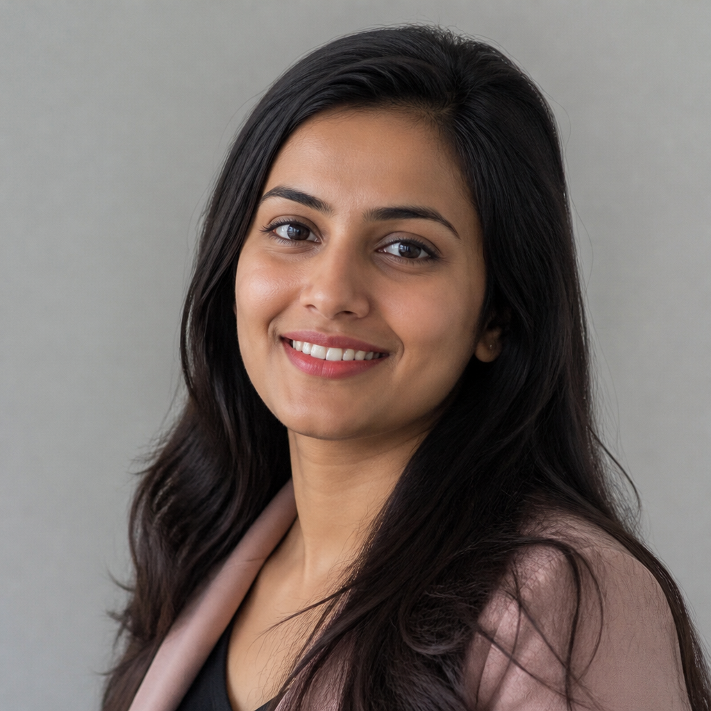 Close-up portrait of a young Indian woman with long dark hair, gentle confident expression, wearing a casual top against a softly lit hostel room background