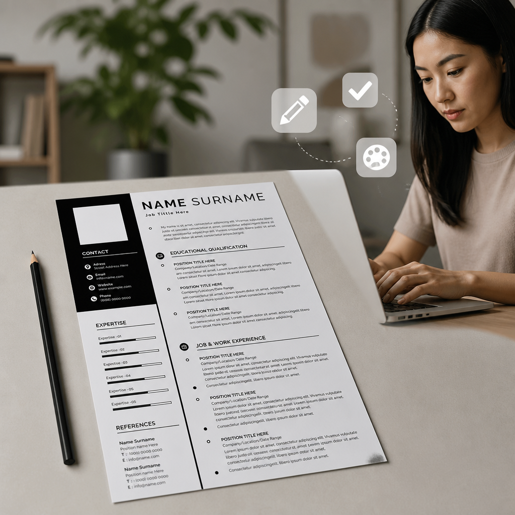 Focused Asian professional editing a resume template on a laptop with floating pencil checkmark and palette icons around the screen on a soft bright background