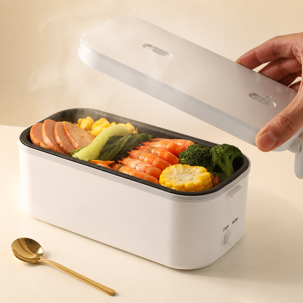 Urgency-driven product image showing the white electric lunch box prominently displayed with warm lighting, subtle steam rising from the open lid, stock scarcity badge visible, premium product photography style=