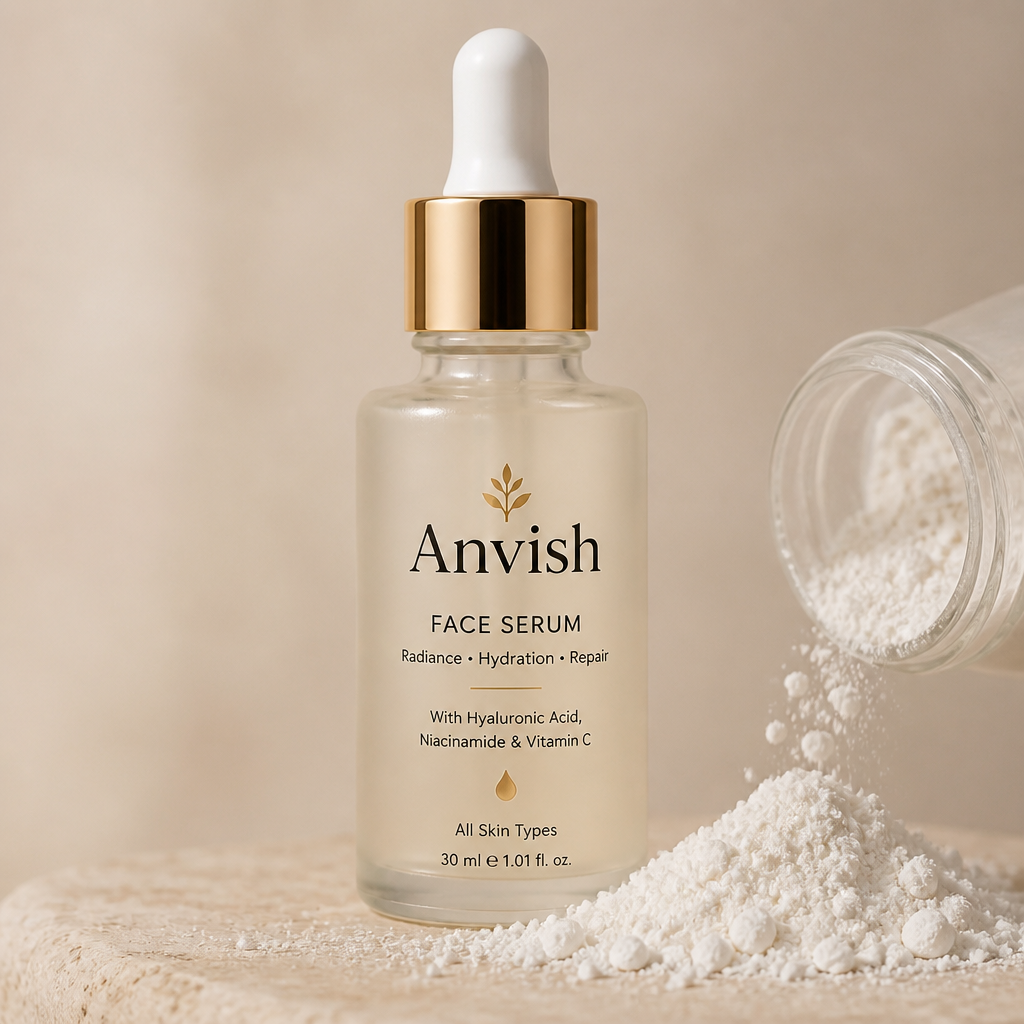 Fine white niacinamide powder gently poured on a soft beige stone surface, minimalist ingredient photography, soft studio lighting, premium skincare aesthetic