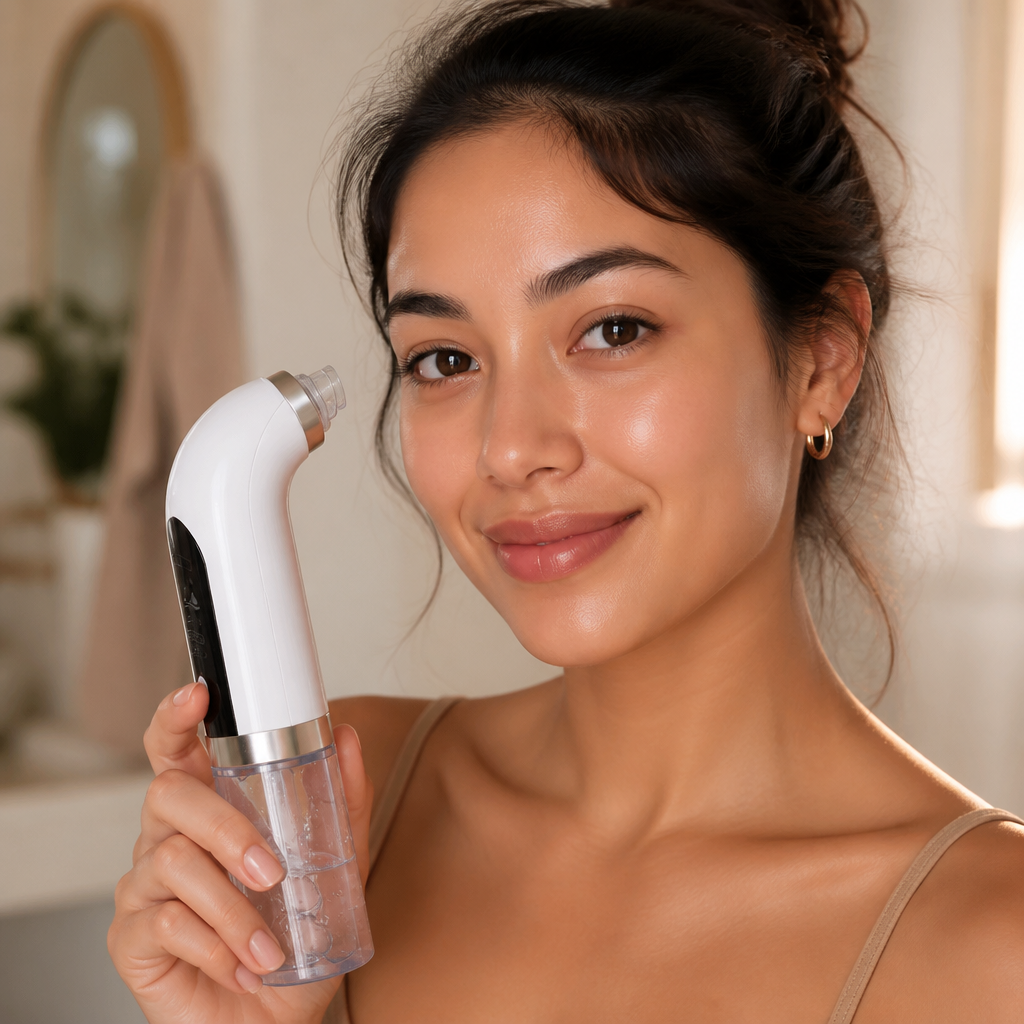 Woman with clear glowing skin smiling confidently with a radiant complexion, soft natural lighting, warm peach and rose tones, confident expression