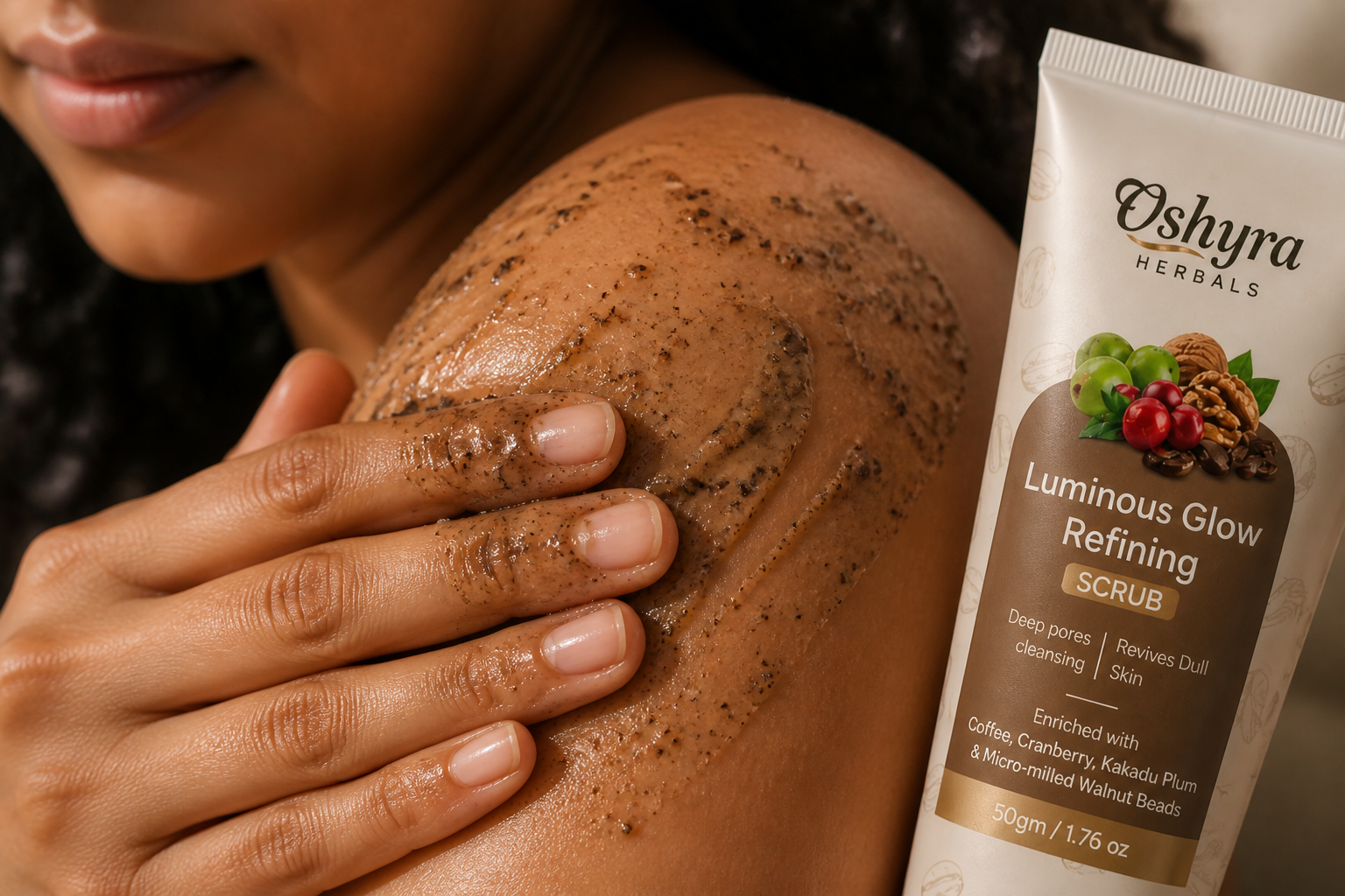 Close-up macro shot of coffee-colored scrub being gently massaged onto a woman's cheek, fine granules visible on skin, soft golden bathroom light, intimate beauty moment