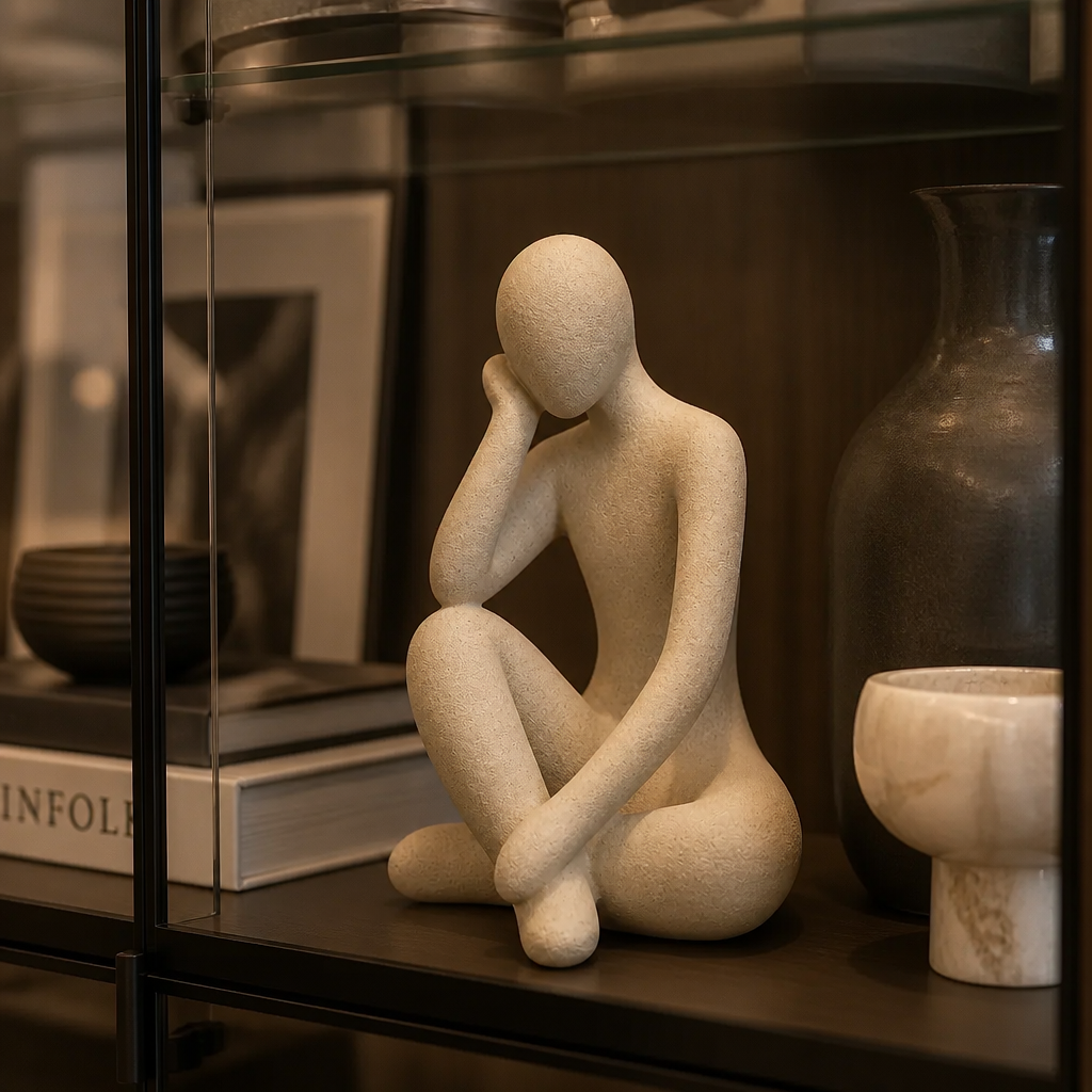 Lifestyle photograph of the abstract thinker accent resin placed inside a glass show cabinet alongside other curated modern home decor pieces