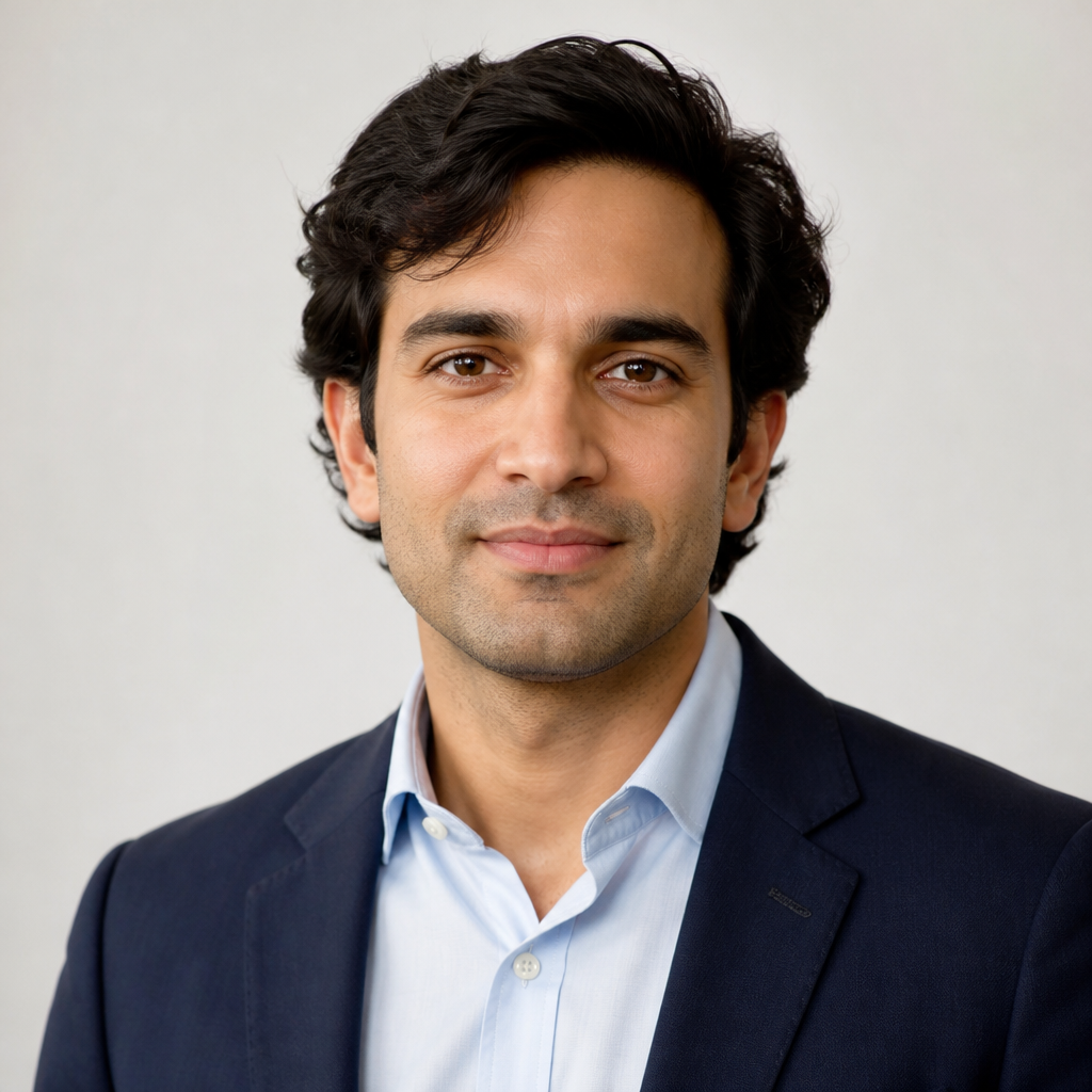 Portrait of a young Indian man with short dark hair and trimmed beard, warm smile, soft studio lighting, neutral blurred background, professional friendly look