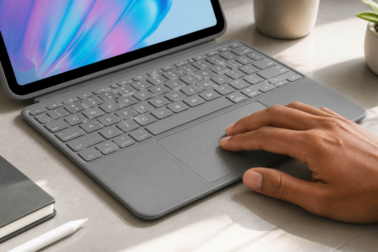 Close-up of finger using the smooth multi-touch trackpad with gesture controls being demonstrated on a clean modern desk