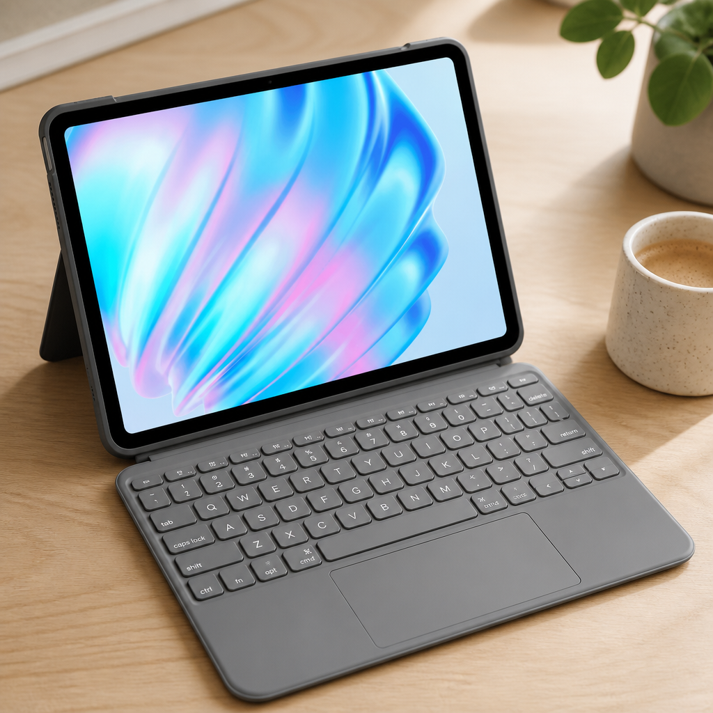 Front view of Combo Touch keyboard case attached to iPad Air showing full layout and premium finish