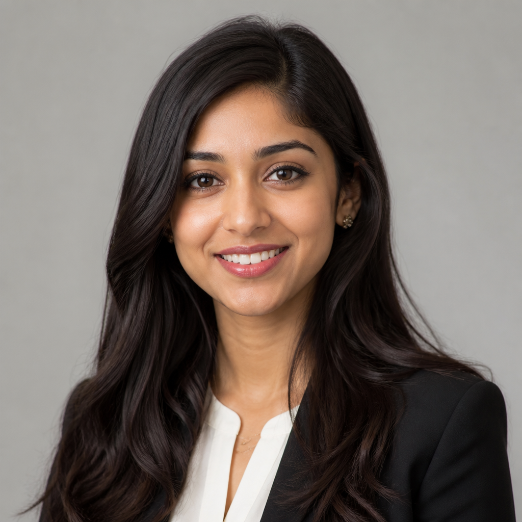 Friendly portrait of a young South Asian woman with shoulder-length hair smiling gently in soft indoor light, approachable and serene mood