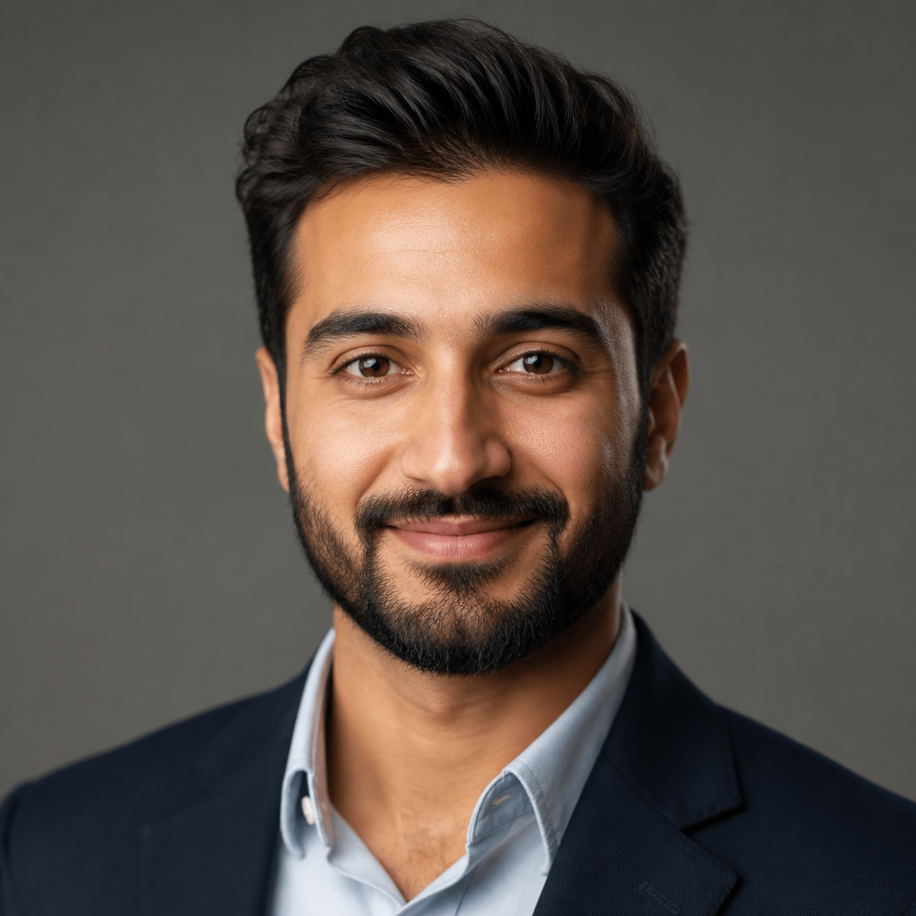 Close-up portrait of Rohan Mehta with a calm confident expression, warm golden-hour lighting, professional headshot framing, neutral softly blurred background