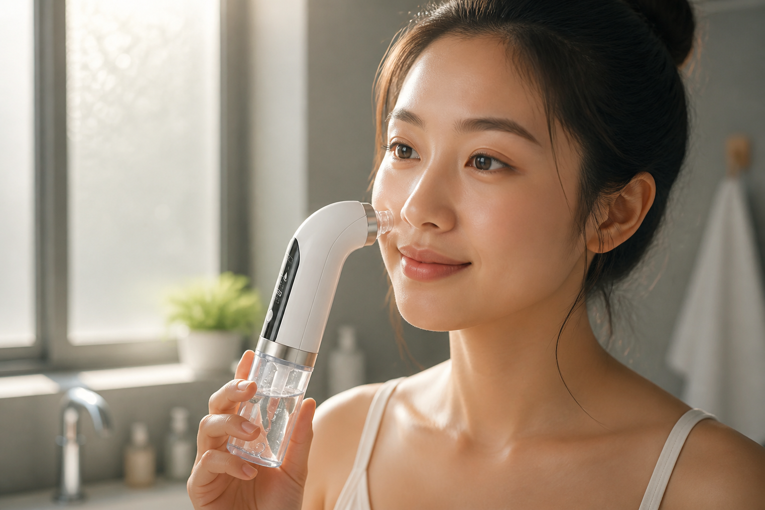 Young woman standing in a sunlit bathroom using the upgraded blackhead vacuum on her cheek with warm soft light filtering through frosted window glass