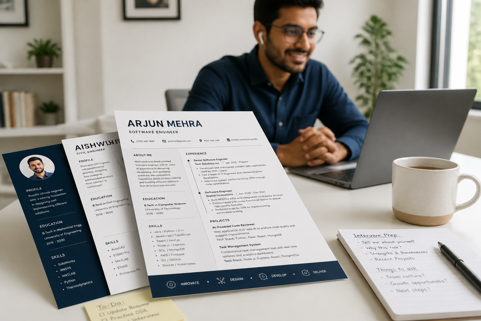 Friendly Indian job seeker smiling during a video interview call on laptop with handwritten notes and a coffee mug nearby