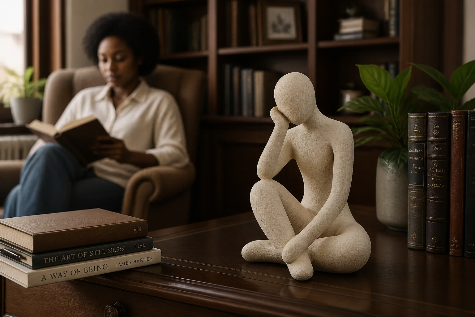 Cozy traditional home study with warm wooden bookshelves and comfortable reading chair, where the Thinker Accent sits elegantly on the desk near a green plant