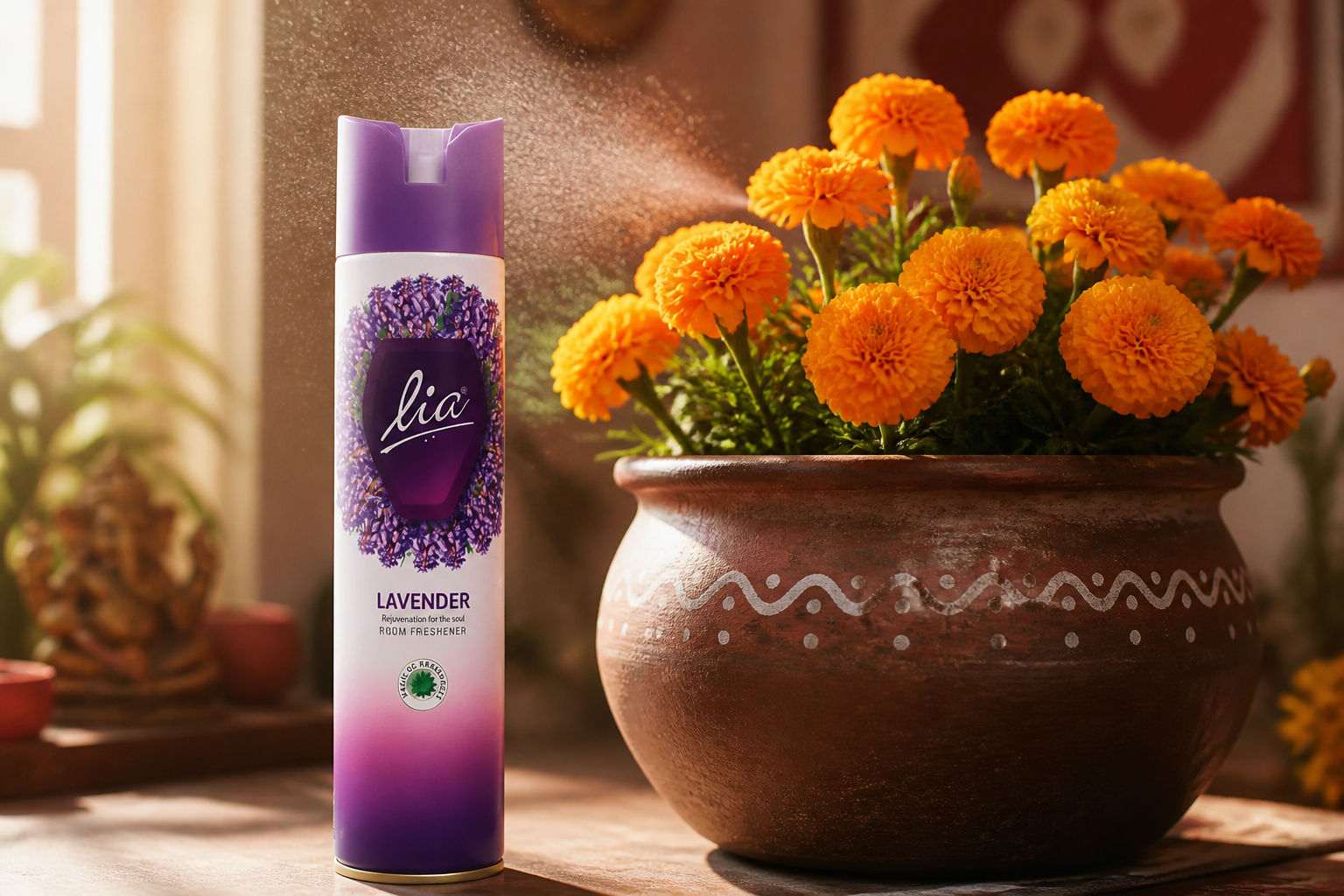 Vibrant fresh marigold flowers in a ceramic pot remaining perfectly fresh and fragrant in warm sunlight, droplets of room freshener mist floating in the air around them creating a serene aromatic atmosphere in an Indian home setting