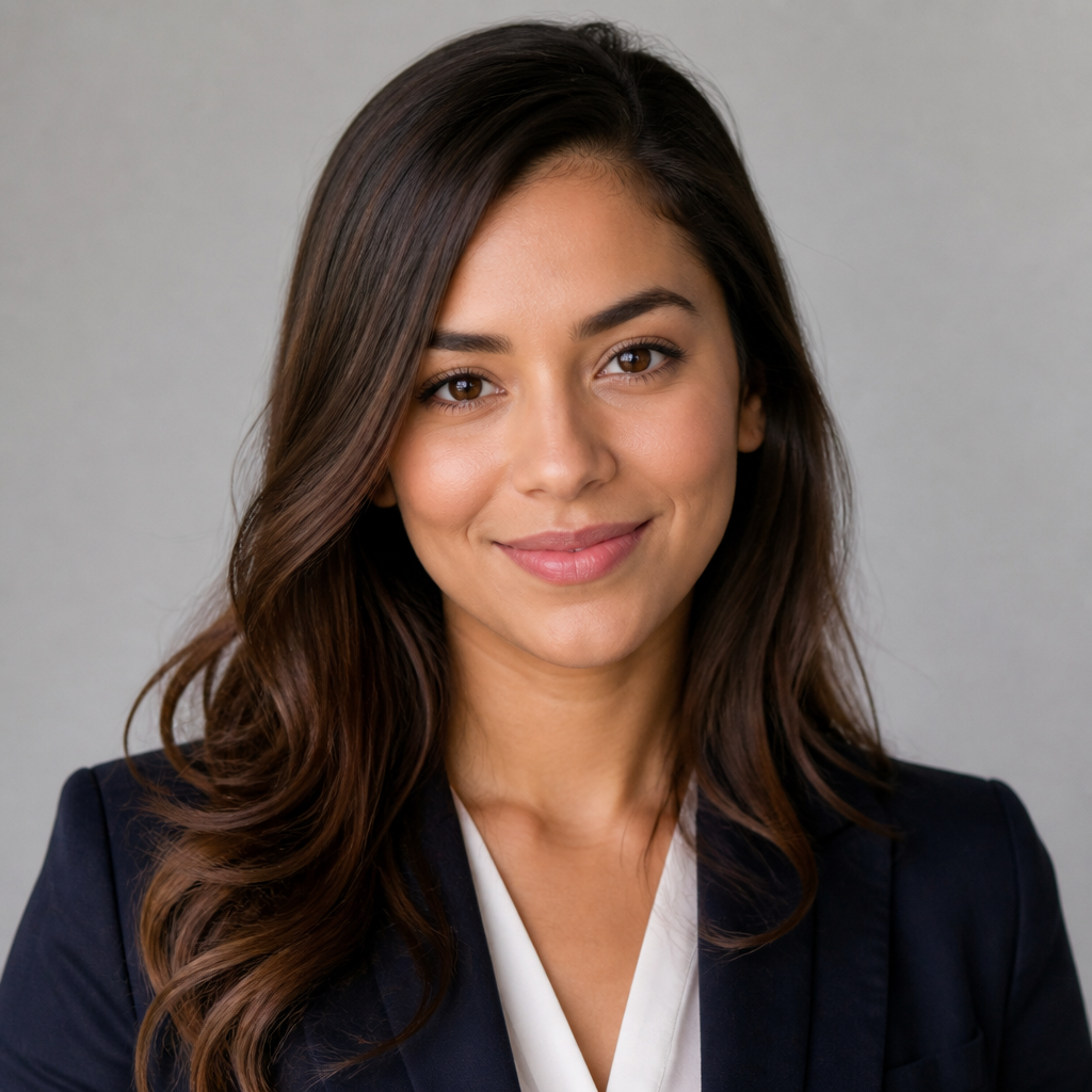 Friendly portrait of a Latina woman in her forties with long wavy hair, warm confident smile, wearing a modest blouse, soft daylight, blurred classroom background
