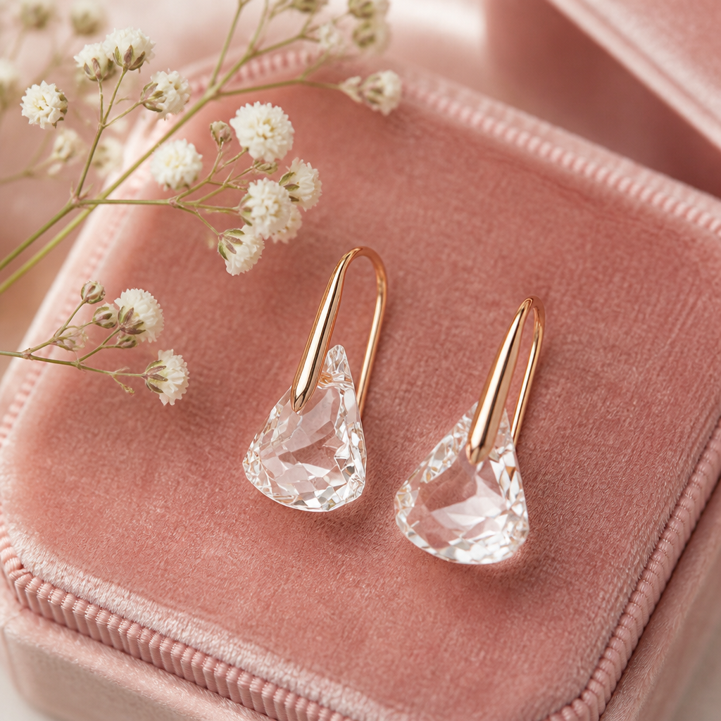 Stylized product photo of the Lunar Drop earrings placed on a rose-pink velvet jewelry box with a single stem of baby's breath beside them