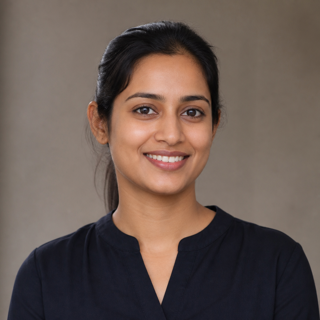 Close-up portrait of a young Indian woman with long dark hair, soft smile, warm indoor lighting, shallow depth of field, natural makeup
