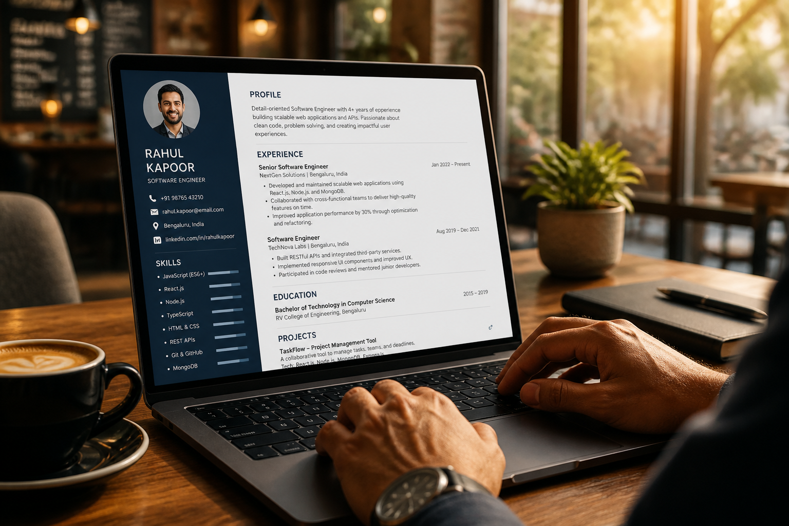 Close-up of an Indian professional editing a clean modern resume template on a laptop in a coffee shop with warm afternoon light