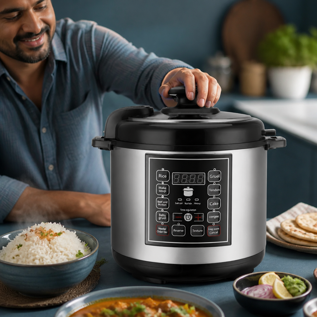 Modern stainless steel 5L pressure cooker photographed on a calm blue-toned kitchen counter next to a bowl of steaming basmati rice and a family meal
