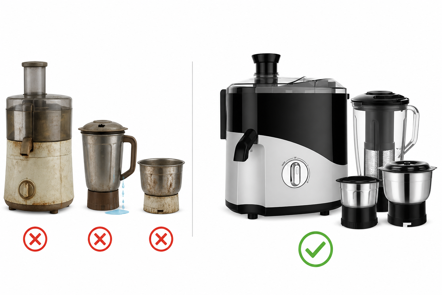 Clean infographic-style product comparison image on a white background showing one Maharaja Whiteline Selecto Plus in the center with three faded red X-marked appliances around it representing an old rusty juicer, a small leaking mixer, and a stained grinder being replaced