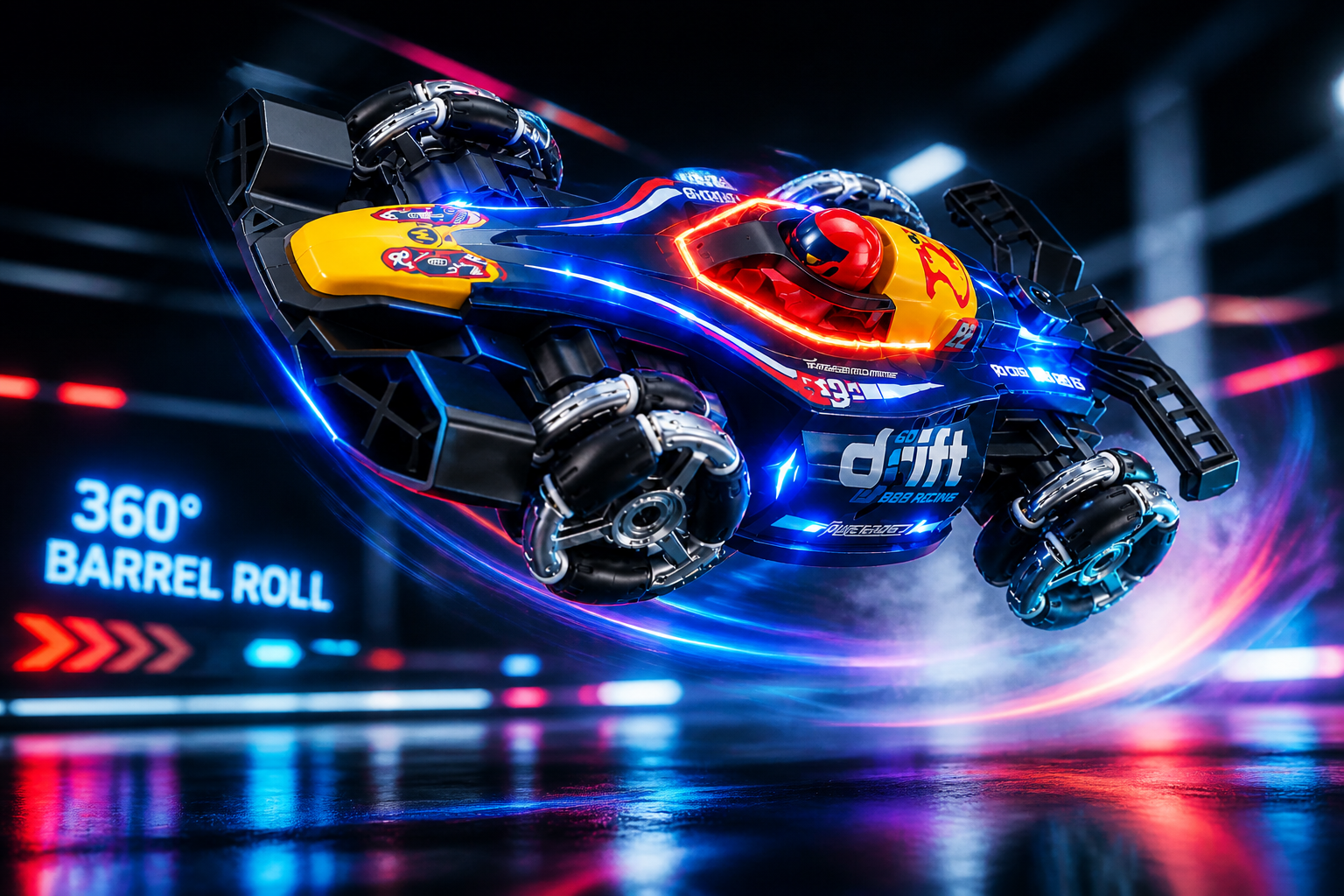 GRAPHENE RC car caught mid-air in a 360 degree barrel roll spin stunt with motion blur lines around it on a dark neon-lit surface