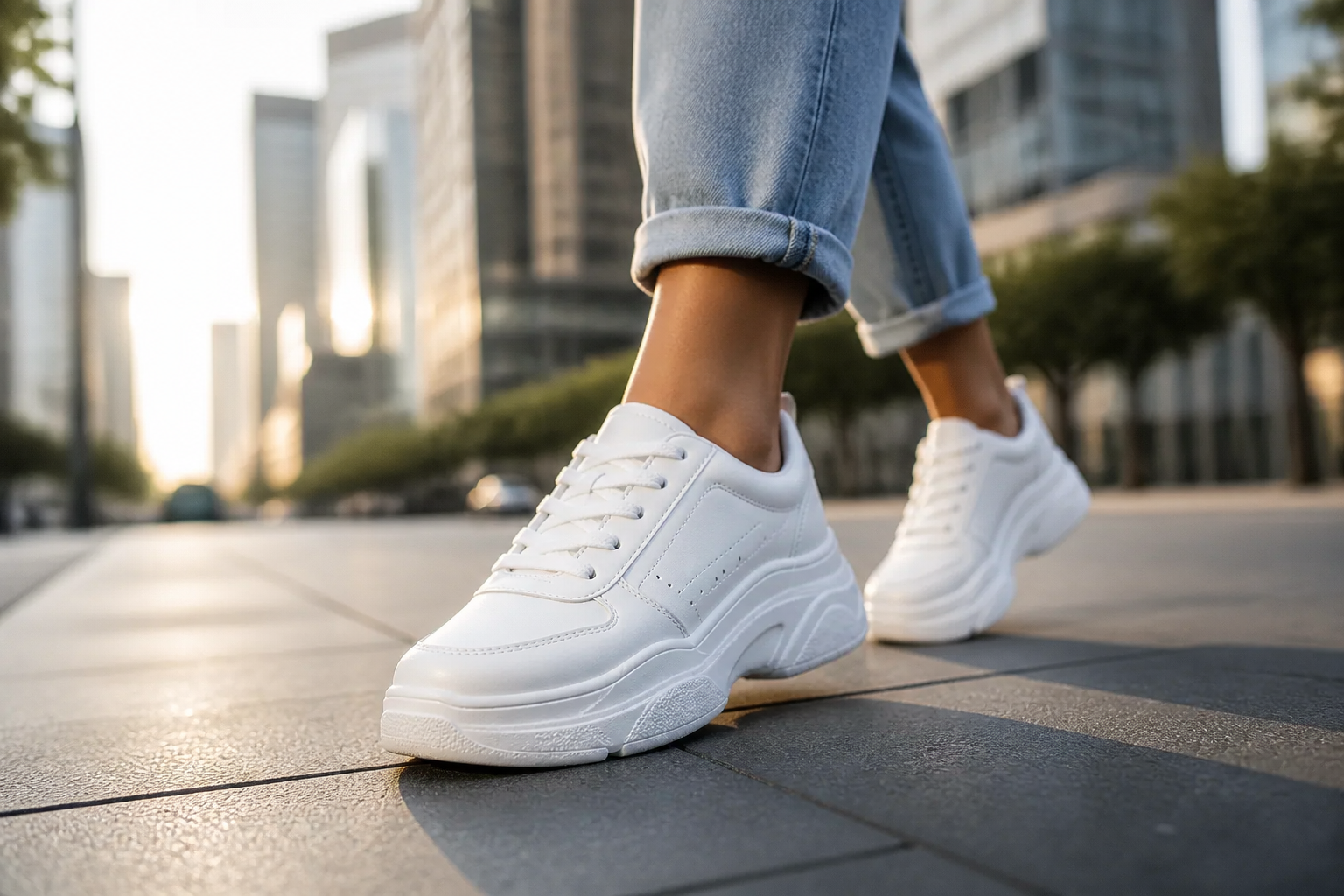 Wide cinematic hero shot of a confident young person wearing Nike Sneakers 3 walking on a clean city street with soft morning light