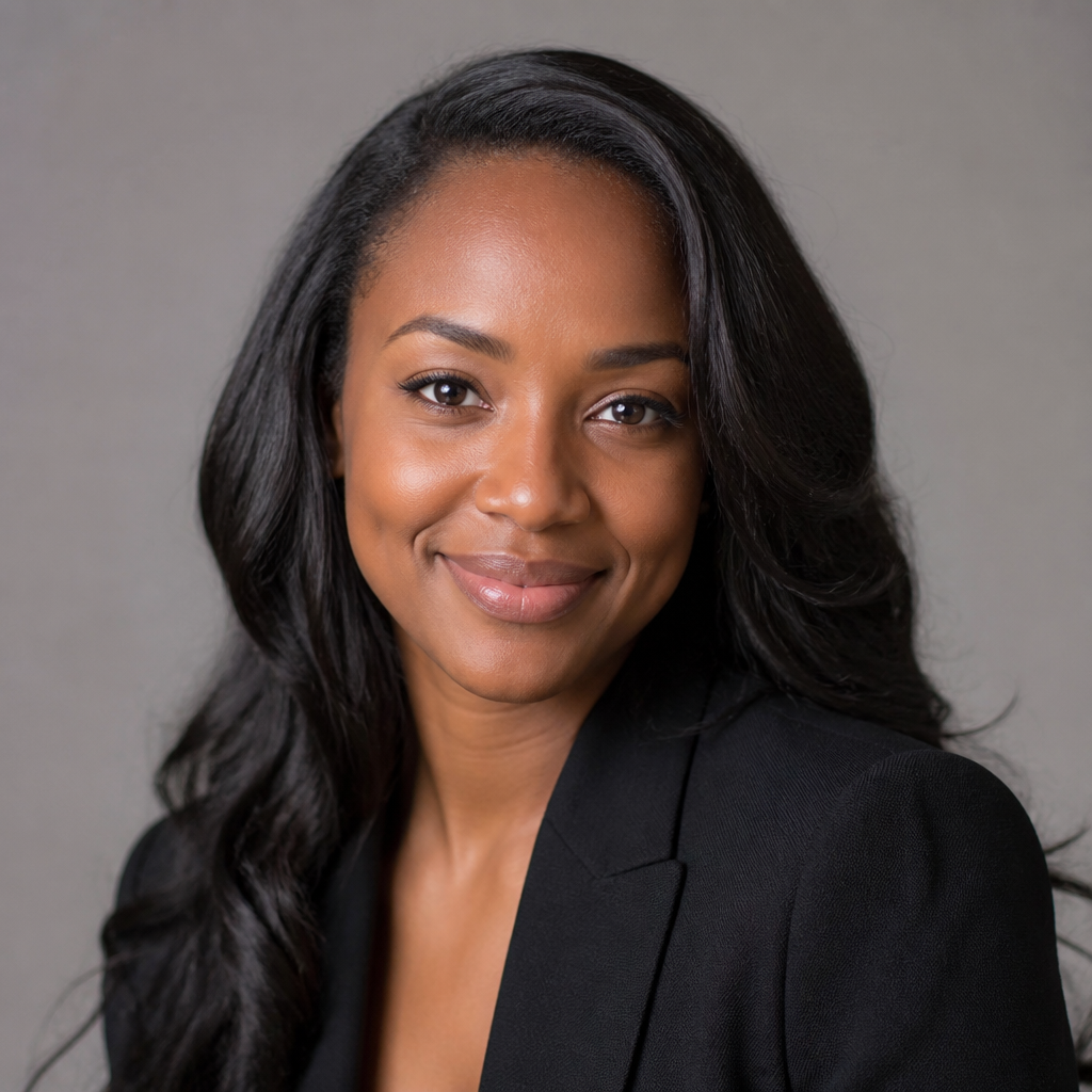 Elegant young African woman in evening attire smiling at a rooftop gathering, warm string lights bokeh in the background, glamorous night-out mood
