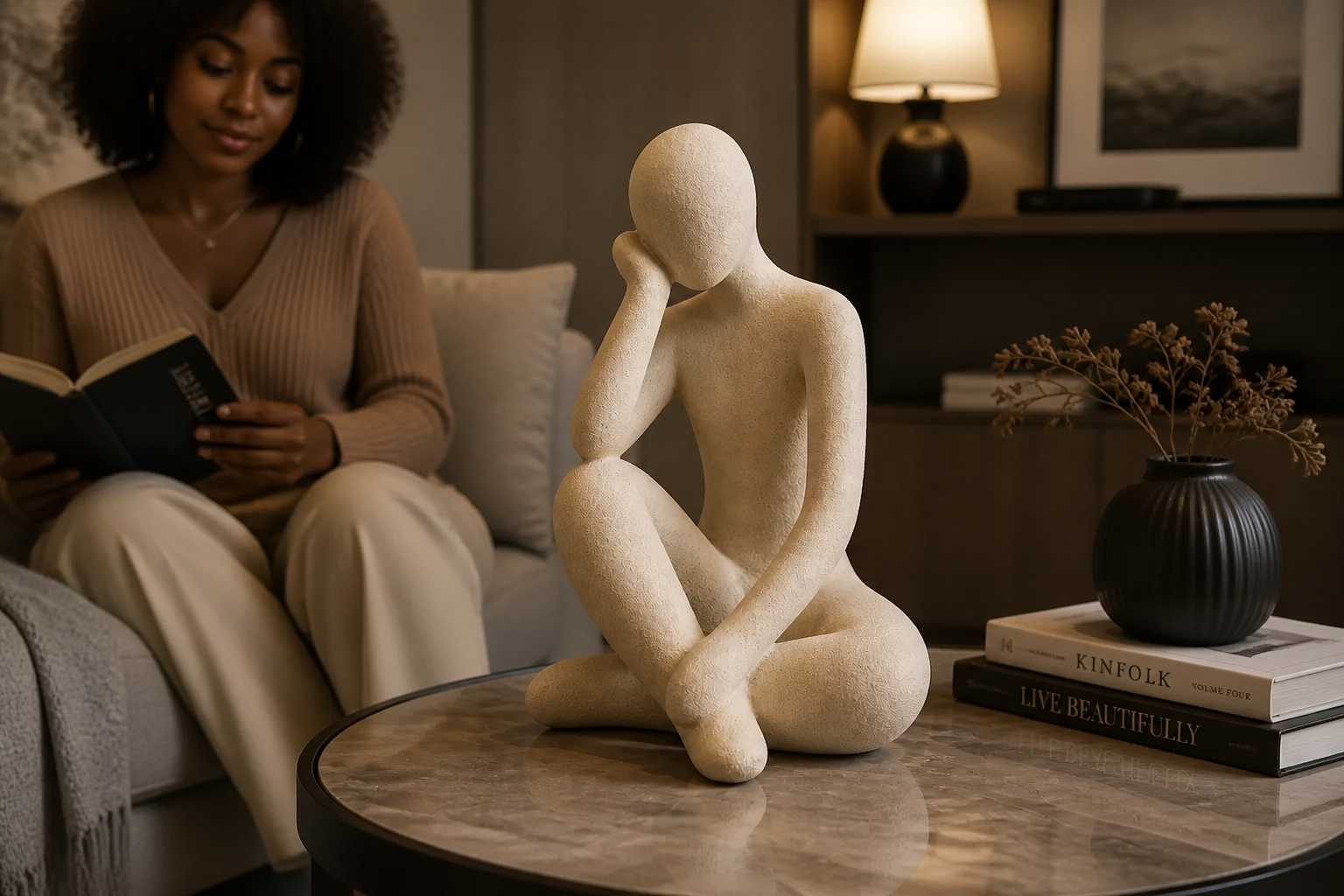 Final lifestyle shot showing the Abstract Thought Thinker Accent as the beautiful centerpiece of a beautifully styled modern living room with warm evening ambient lighting