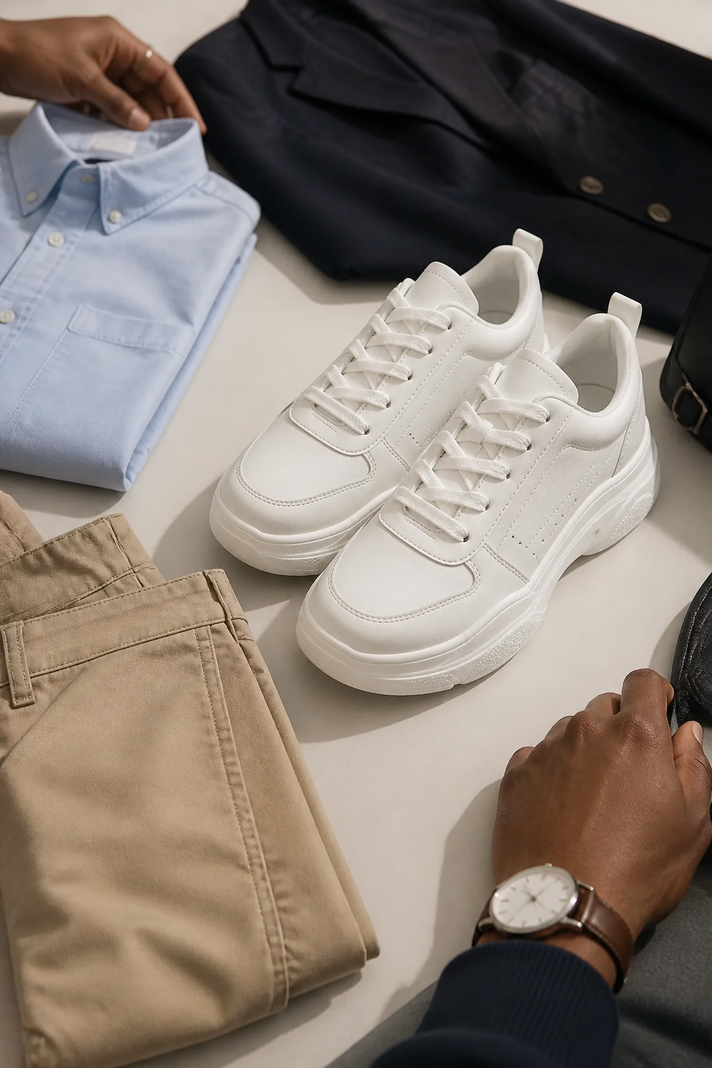 Flat-lay collage of Nike Sneakers 3 styled with a smart-casual outfit of chinos button-down shirt and blazer on a clean desk surface