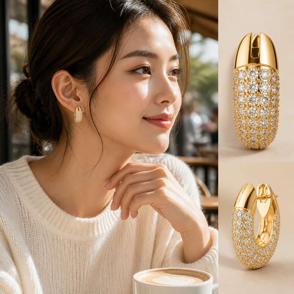 Young Asian woman in a casual daytime look wearing the Dextera hoop earrings with a soft beige knit sweater and natural makeup, caf&eacute; terrace setting with warm sunlight