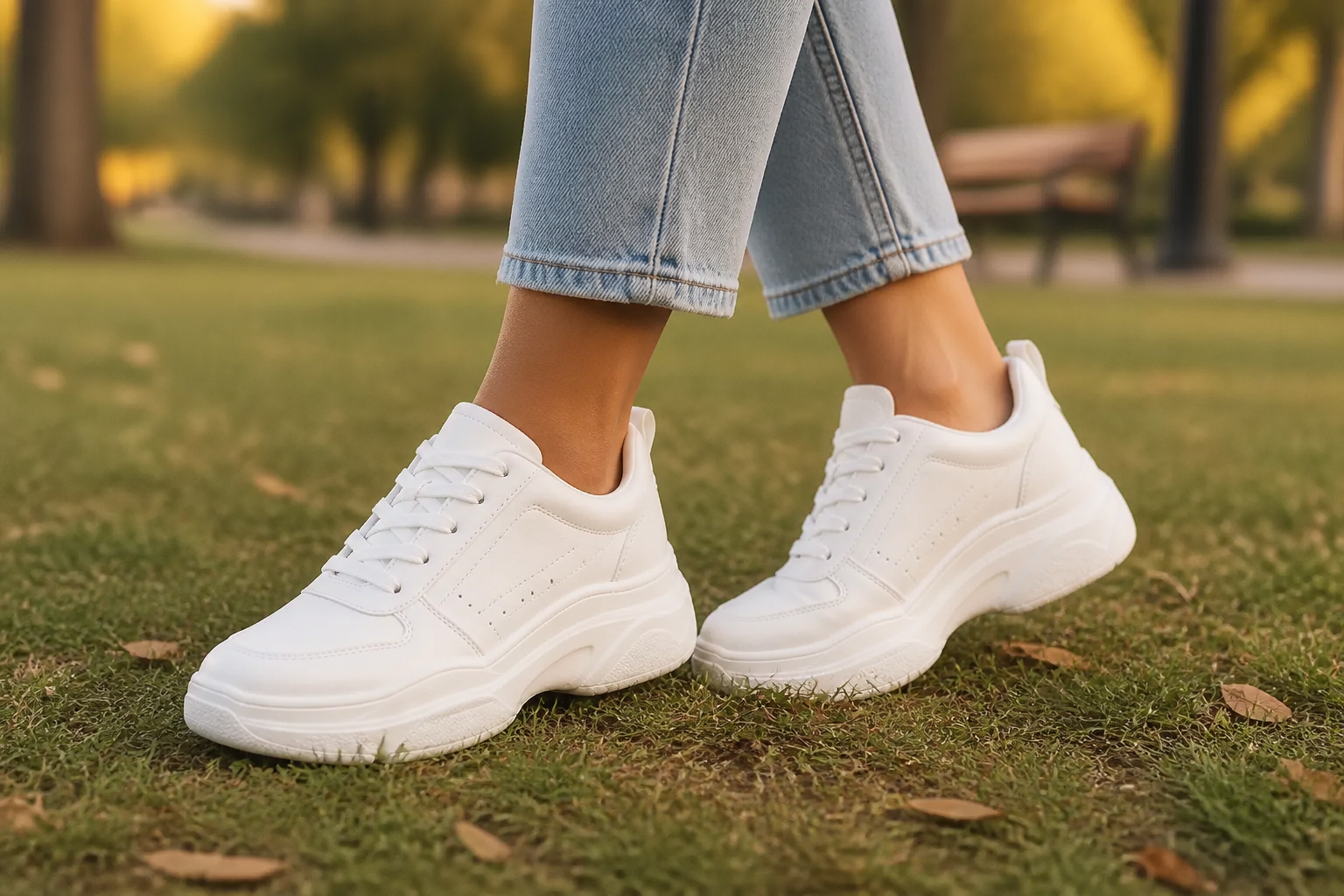 Lifestyle photo of Aisha wearing Nike Sneakers 3 at a park in soft afternoon light