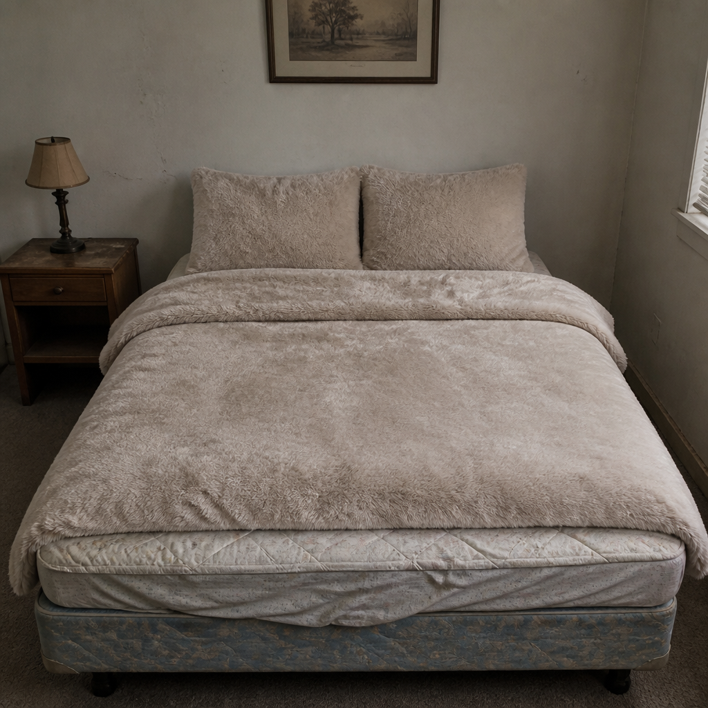 Generic plain bedroom with a thin, flat, unbranded duvet cover on the bed, dull lighting, no warmth or coziness, showing a worn mattress pad and mismatched sheets