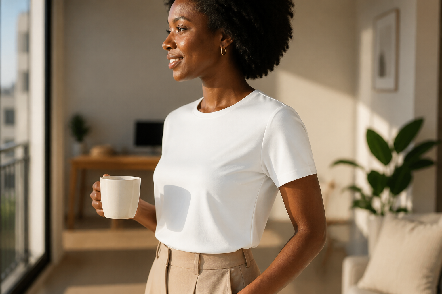 Smiling African woman wearing a soft white Ladies T-Shirt tucked into beige trousers, holding a coffee mug in a sunlit modern apartment with warm morning light