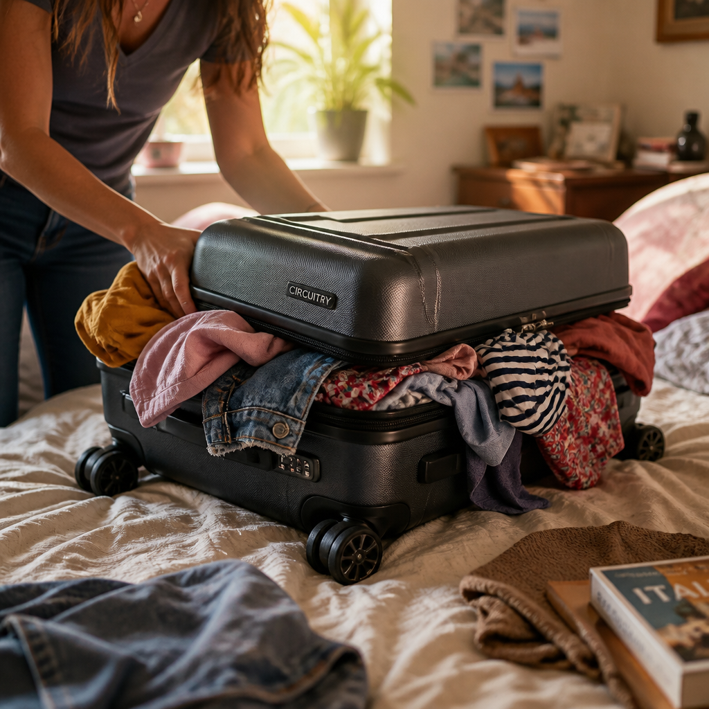 Overstuffed generic suitcase with clothes spilling out, zipper struggling to close, representing disorganization and stress