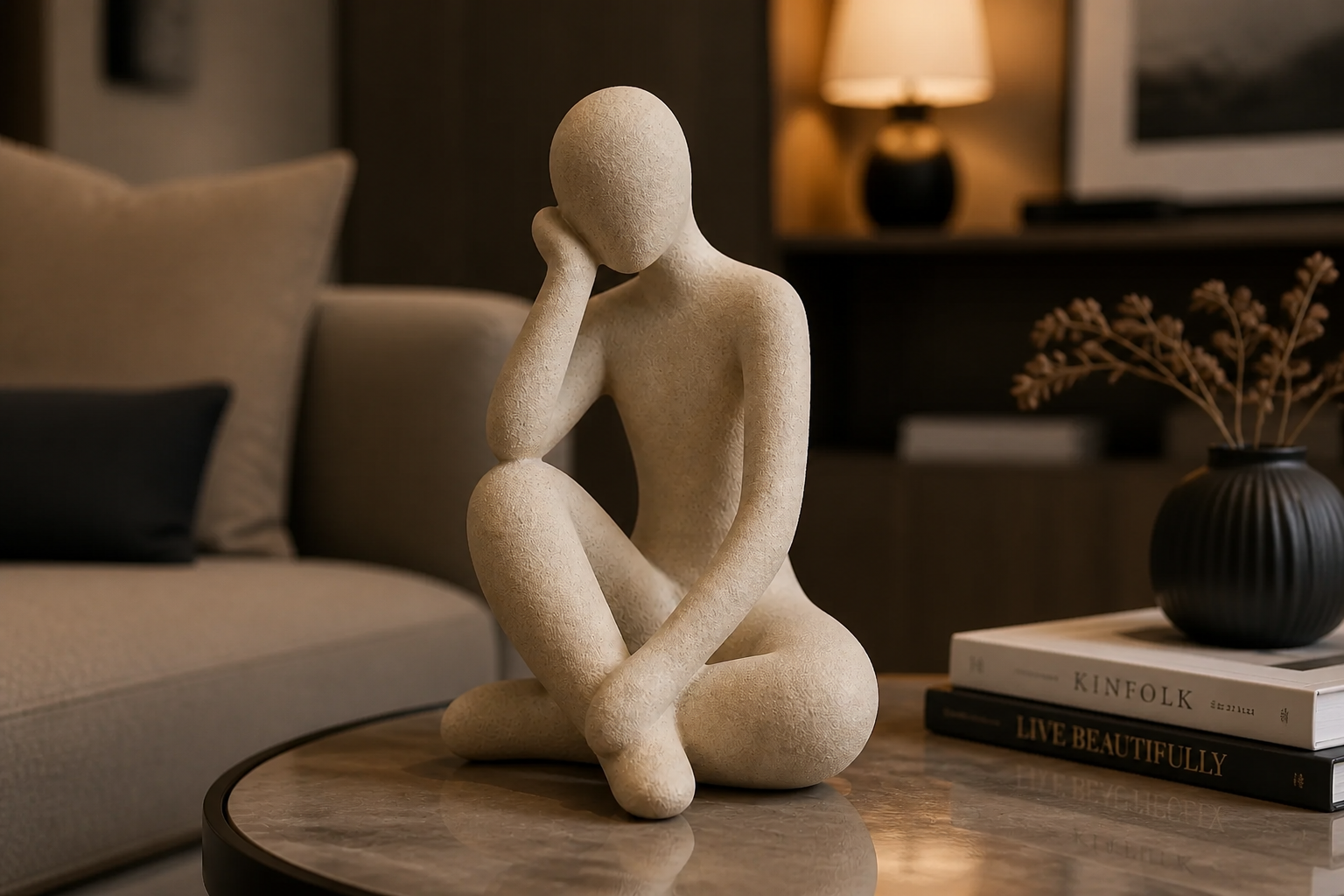 After: The same modern living room now featuring the stunning Abstract Thought Thinker Accent as a beautiful centerpiece on the coffee table, with warm ambient lighting