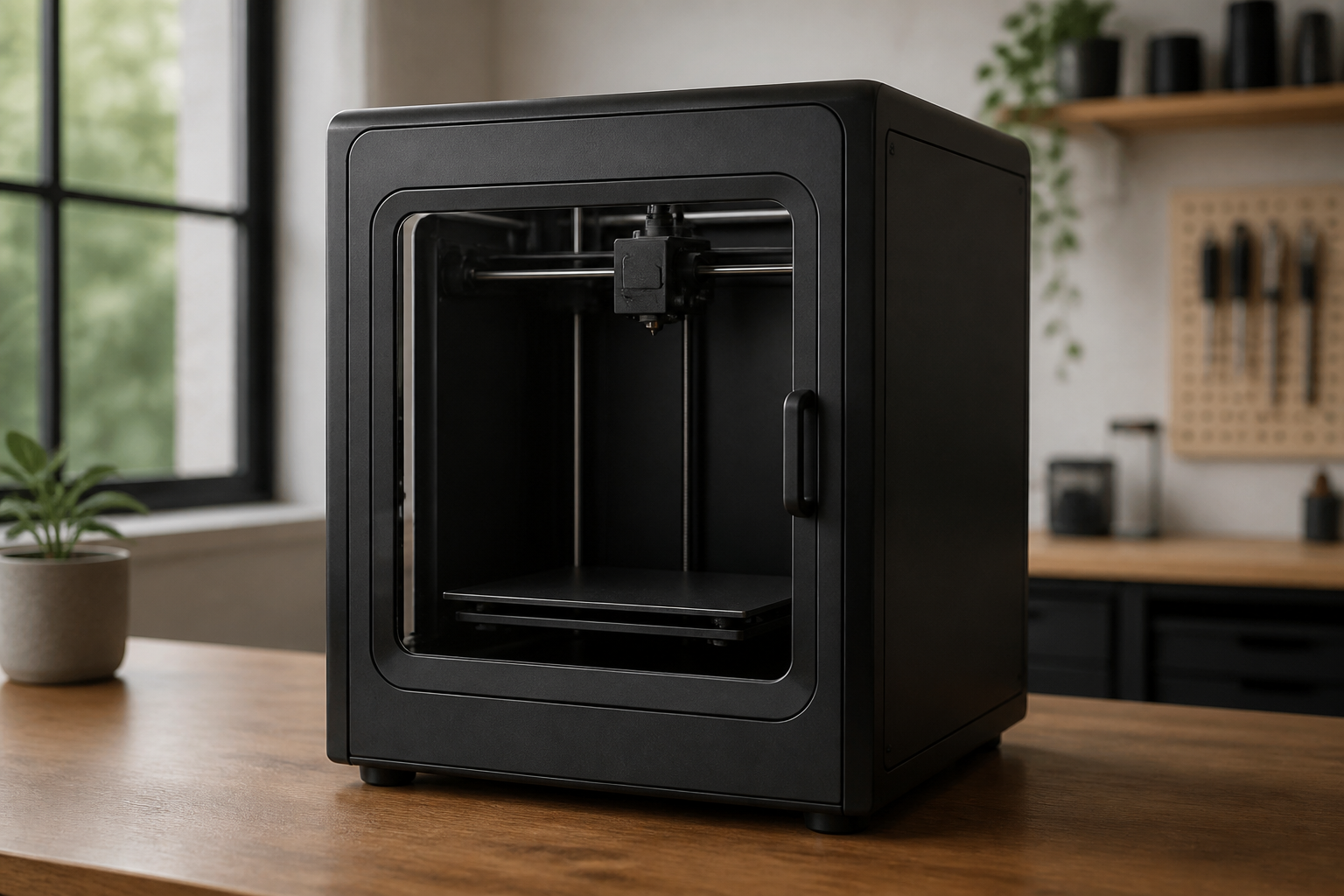 The Bambu Printer sits on a warm wooden desk with its lid open, a freshly printed precision part resting on the build plate, soft afternoon light catching the enclosure edges