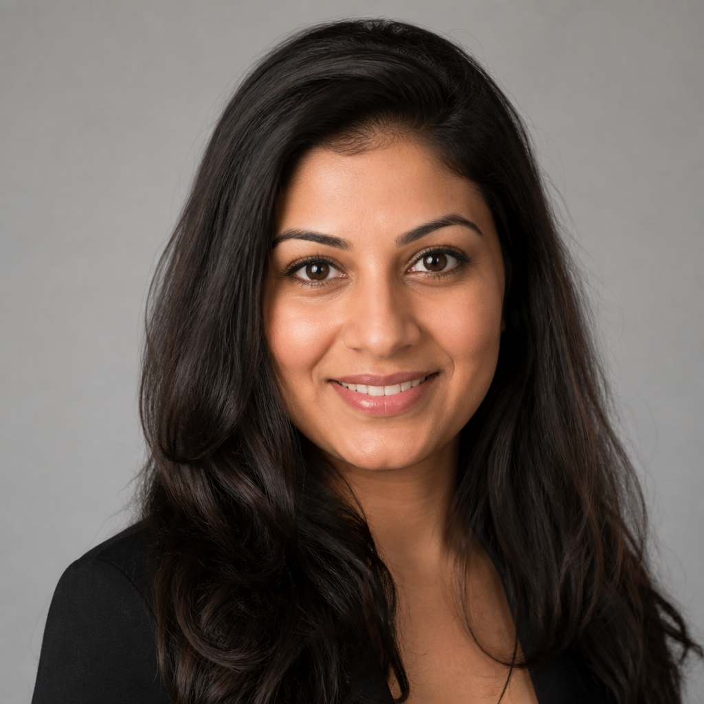 Close-up portrait of an Indian woman with long dark hair, gentle friendly smile, warm natural studio lighting, soft blurred neutral background, professional headshot composition